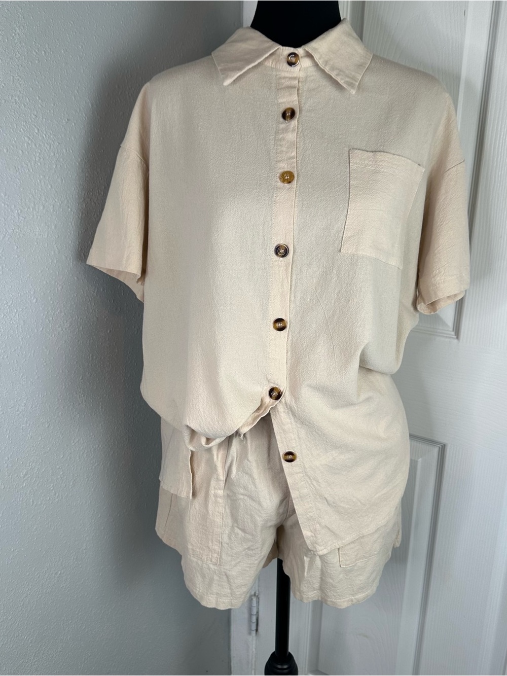 2 Piece Set Short Sleeve Button Up & Matching High Rise Shorts Women Size Medium